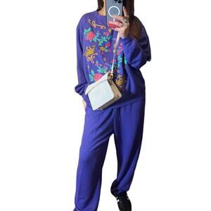 Vintage 80s Purple Floral Grannycore Grandma Sweatshirt Pant Lounge Set L XL
